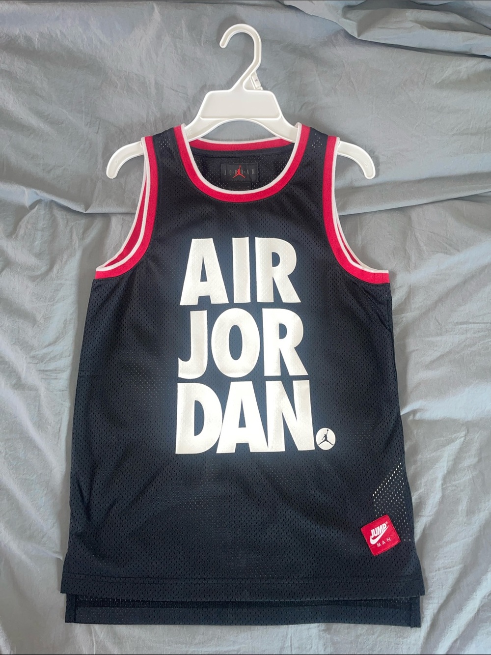 Jordan Black Mesh Tank with White Block Logo and Red Trim